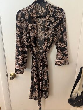 Black and Blush Floral Satin Robe with Tie Waist